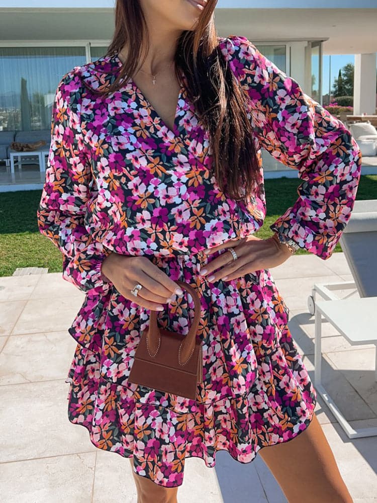 New V-neck Design Lace-up Ruffles Mini Dress