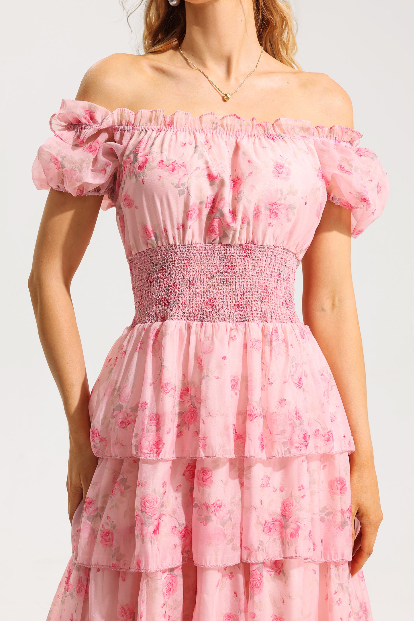 Ruffle Pleated Off-shoulder Midi Dress Pink