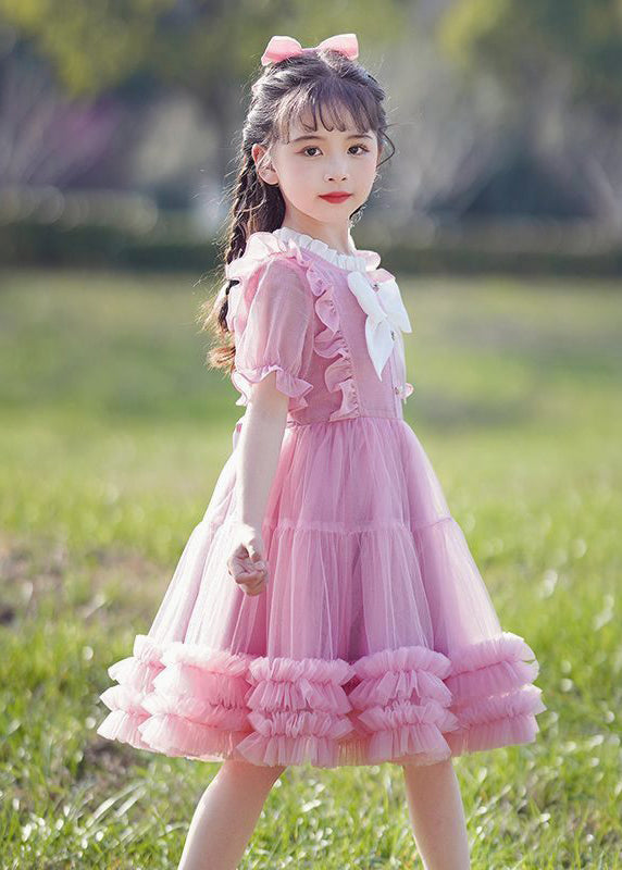 New Pink O-neck Bow Ruffled Patchwork Tulle Kids Maxi Dress Summer Ew022