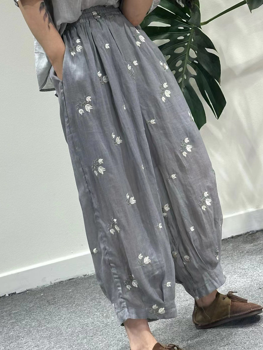 Artsy Summer Flower Embroidery Ramie Harem Pants Kl1018
