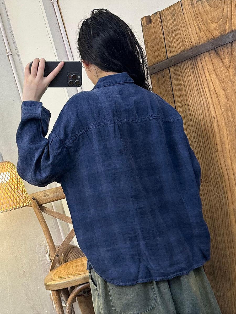 Autumn Plaid Turn-down Linen Blouse At1052