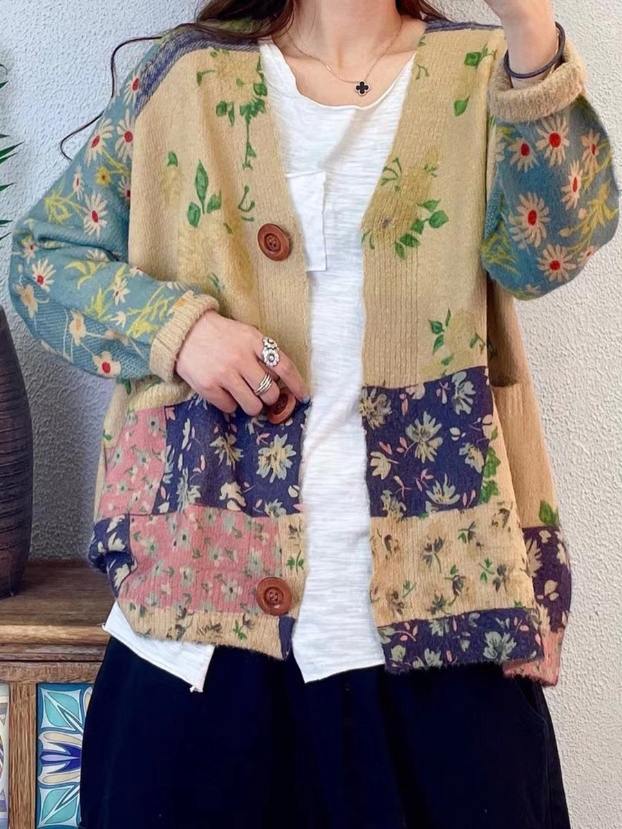 Autumn Colorblock V-neck Knit Cardigan Sweater At1047