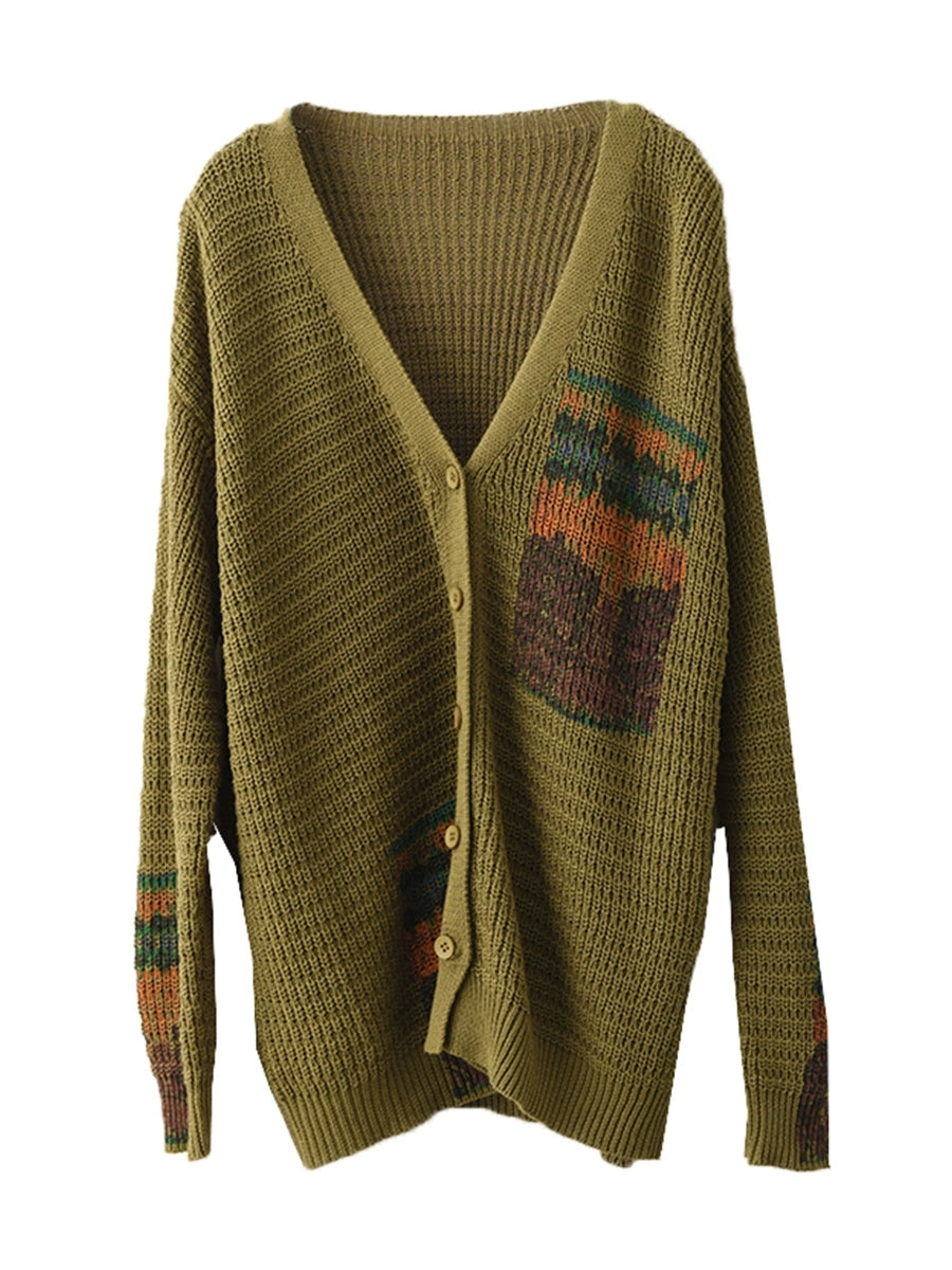 Artsy Print Knit V-neck Cardigan Sweater Ah1012