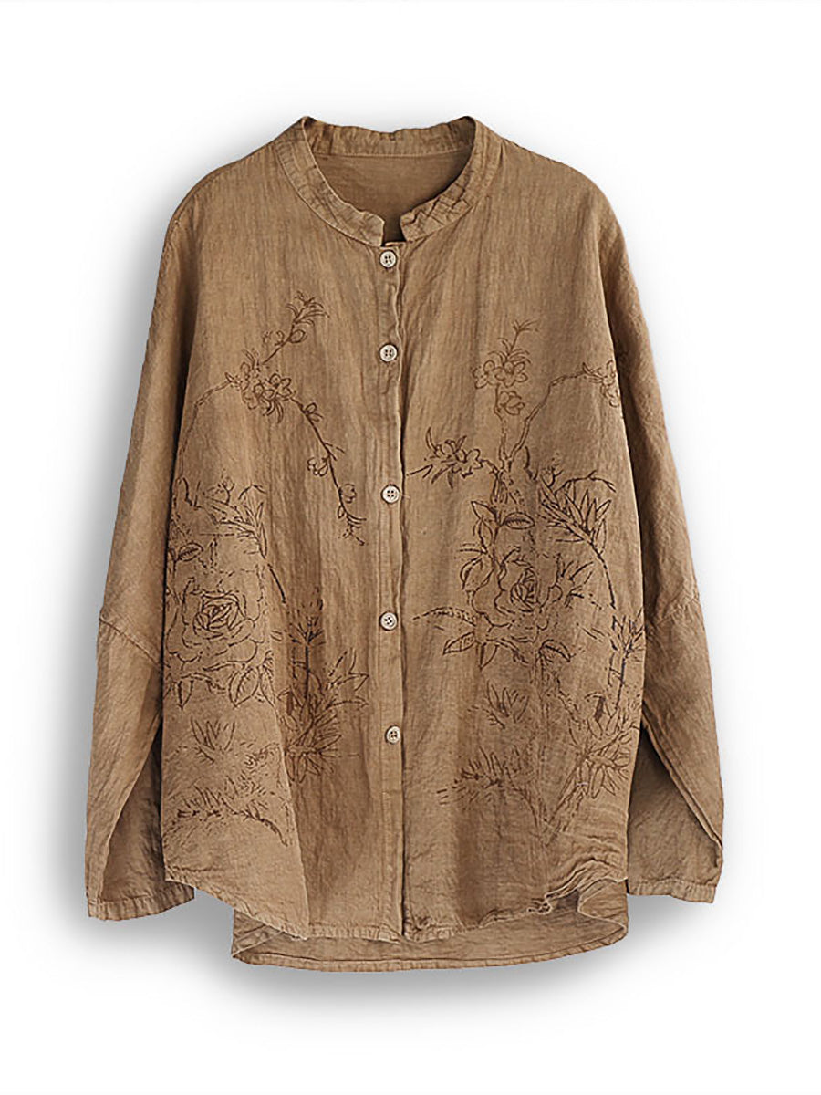 Autumn Retro Flower Button-up Cotton Blouse Ak1042