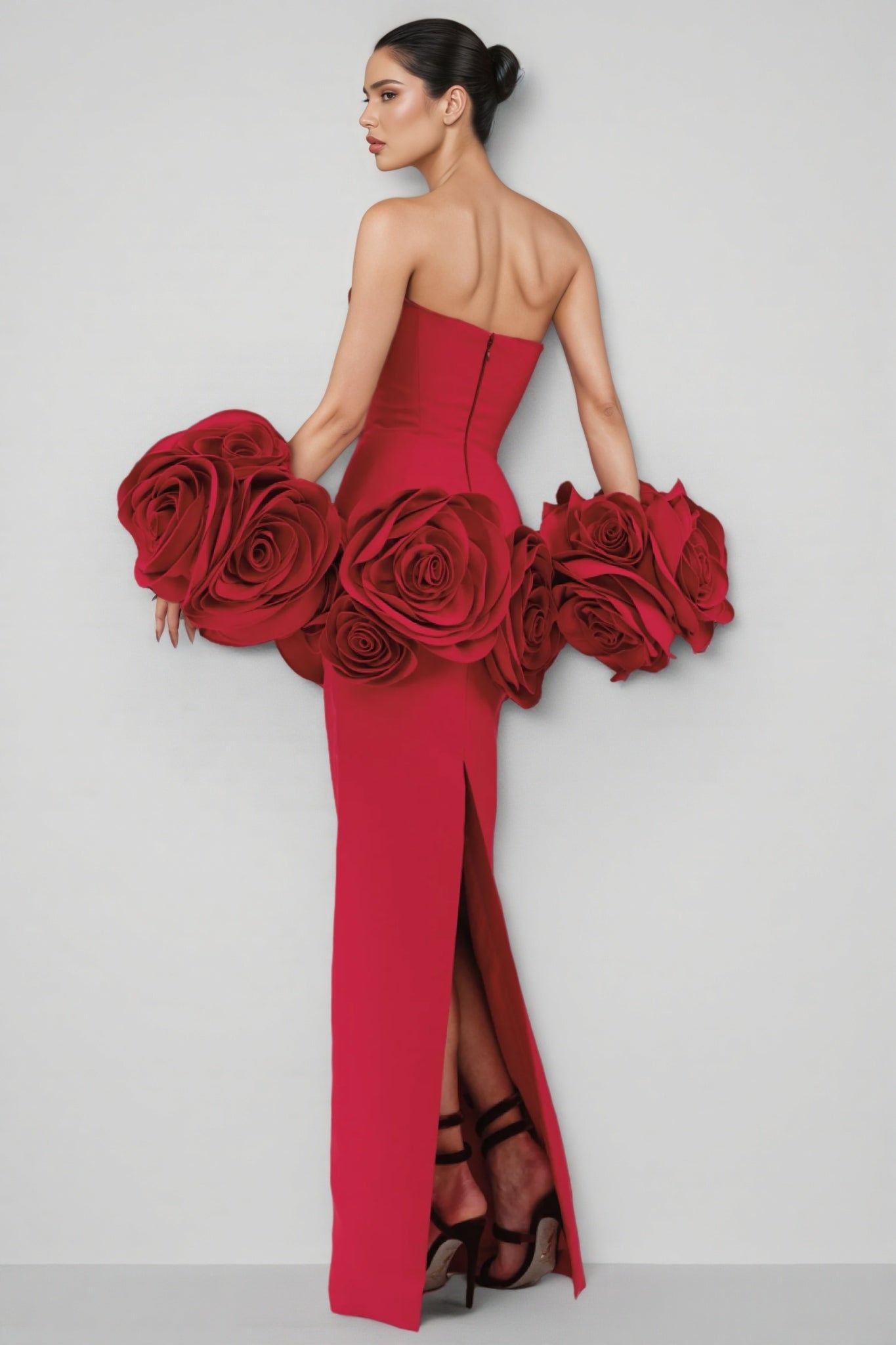 Huxen Red Backless Plunge 3d Maxi Dress