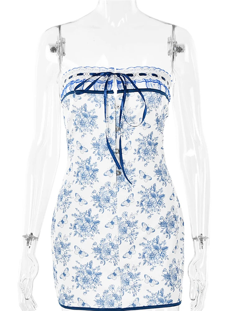 Fantoye Printed Vacation Dress Off-shoulder Blue Metal Button Spring Skinny Outside Female Mini Dress