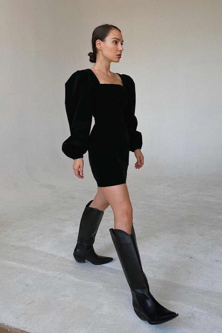 Puff Sleeve Velvet Black Mini Dress