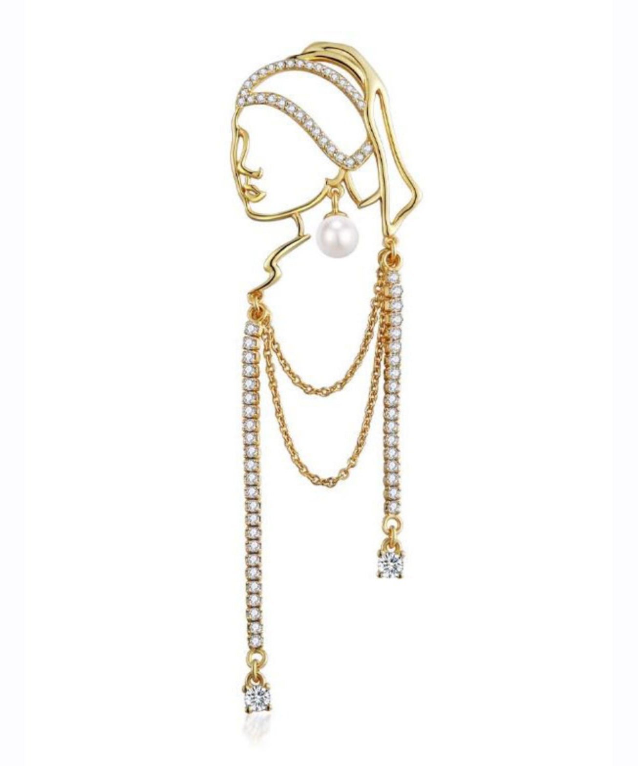 Modern Gold Alloy Zircon Girl With a Pearl Earring Tassel Brooches