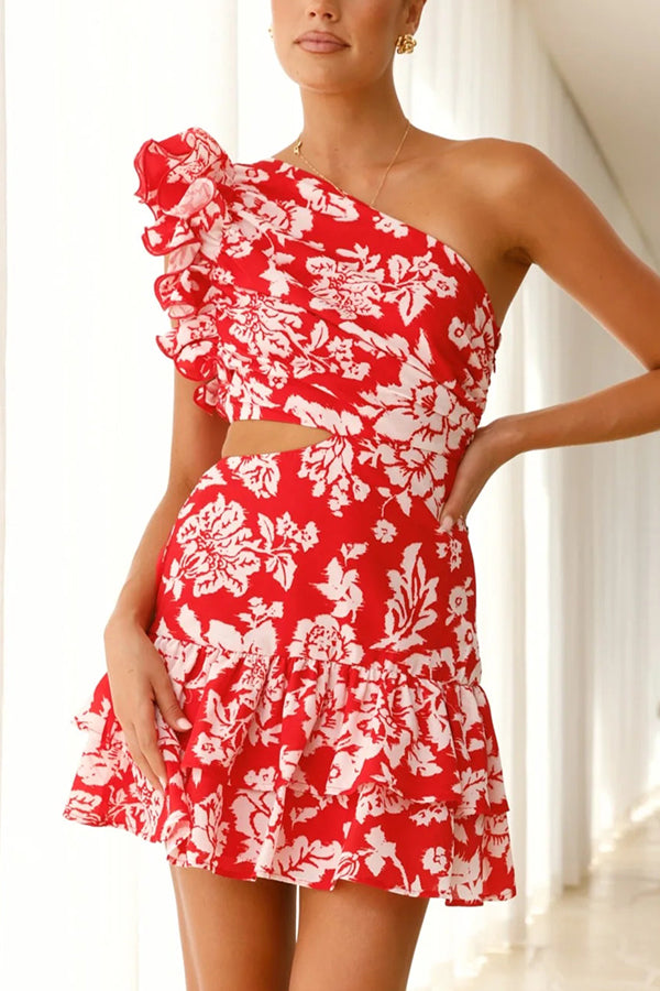 Print One-shoulder Ruffled Waist Cutout Mini Dress