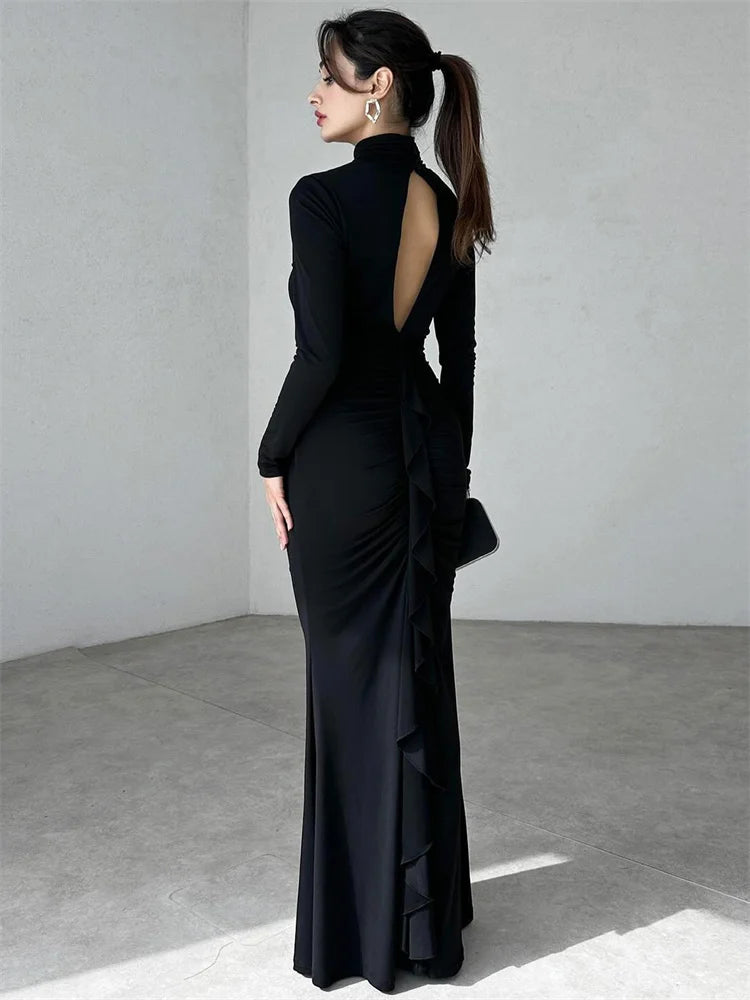 Autumn Pleated Hollow Out Maxi Dress ’s Slim High Waist Backless Party Dress Female Long Dress