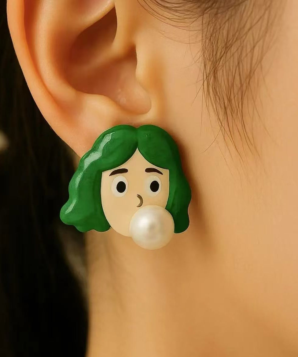 Novelty Green Acrylic the Girl Blowing Bubbles Stud Earrings