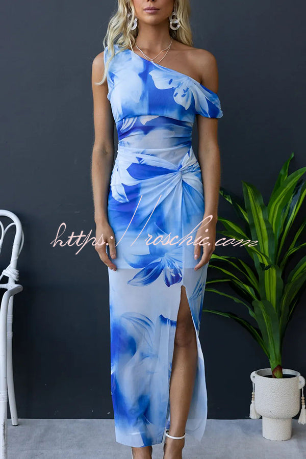 Escala Mesh Overlay Print One Shoulder Cross Detail Slit Stretch Maxi Dress