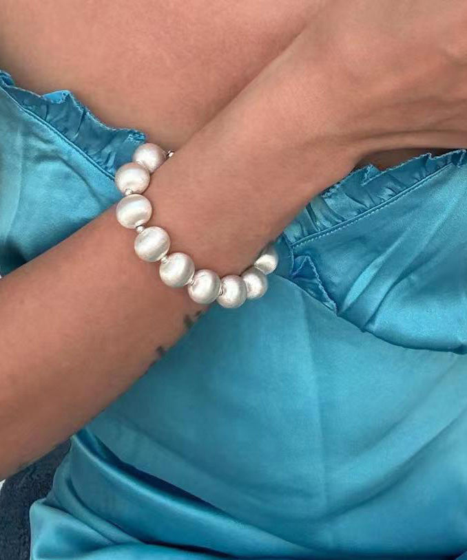 White Stainless Steel Silk Brushed Pearl Chain Bracelet