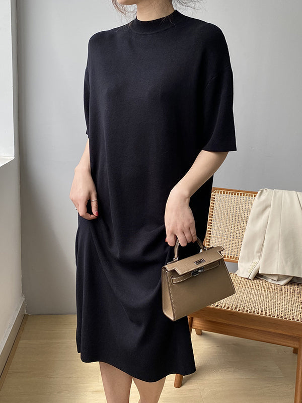 Temperament Round-neck Mauve Split-joint Short Sleeve Sweater Dress An1057