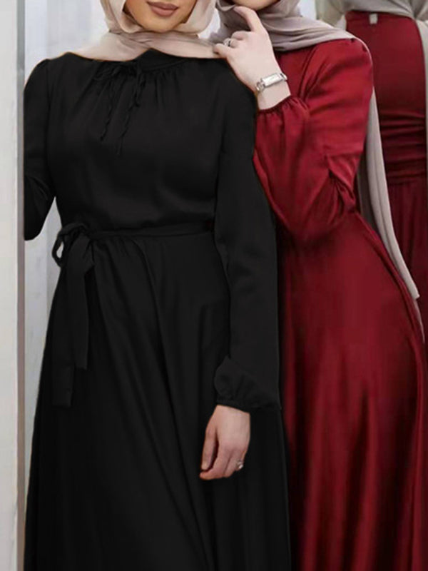 Long Sleeves Loose Pleated Color Tied Waist Maxi Dresses