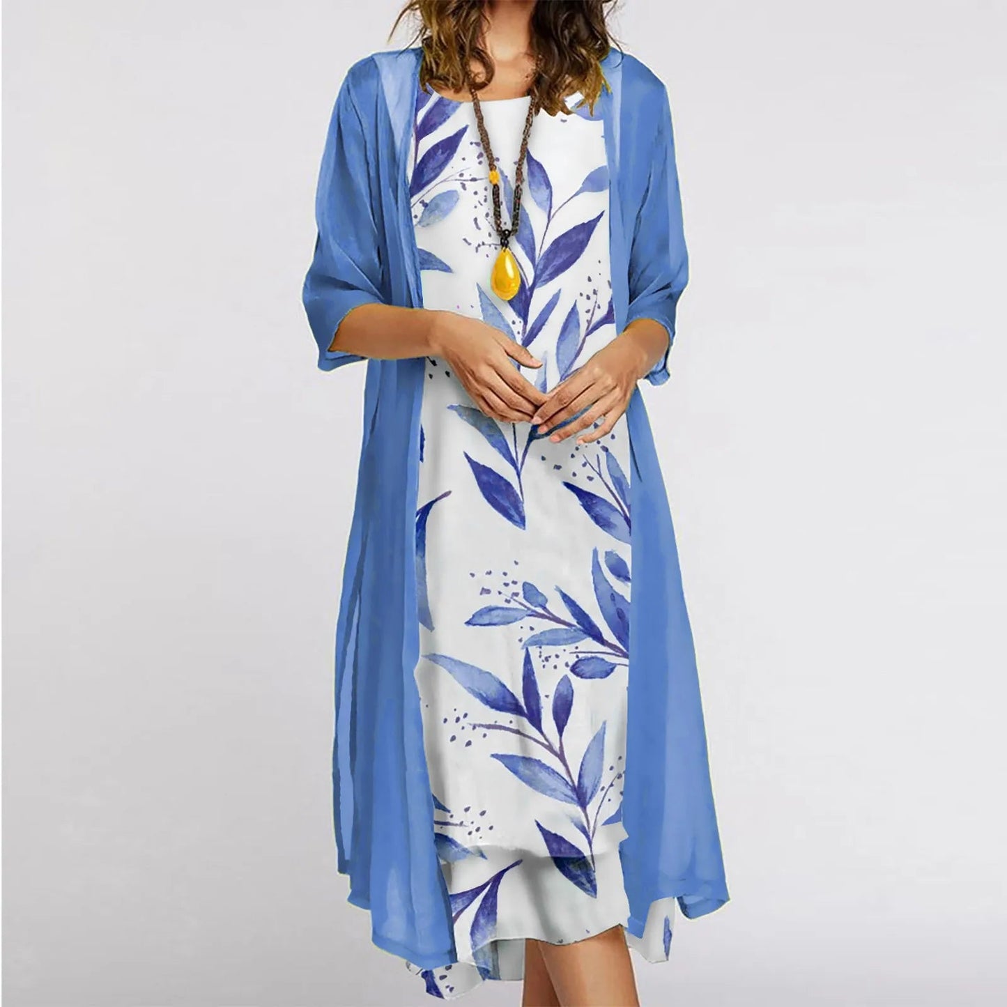 Kaftan Flower Ink Painting With Cardigan Shawl Sets Tunic Dress