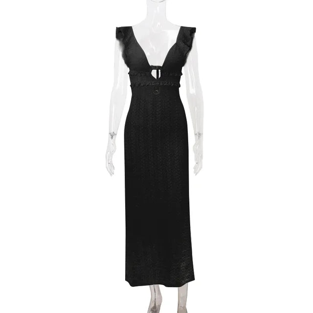 Deep V Neck Dresses Sleeveless Slim High Waist Long Dress Femme Holiday Knitted Beach Dress Woman