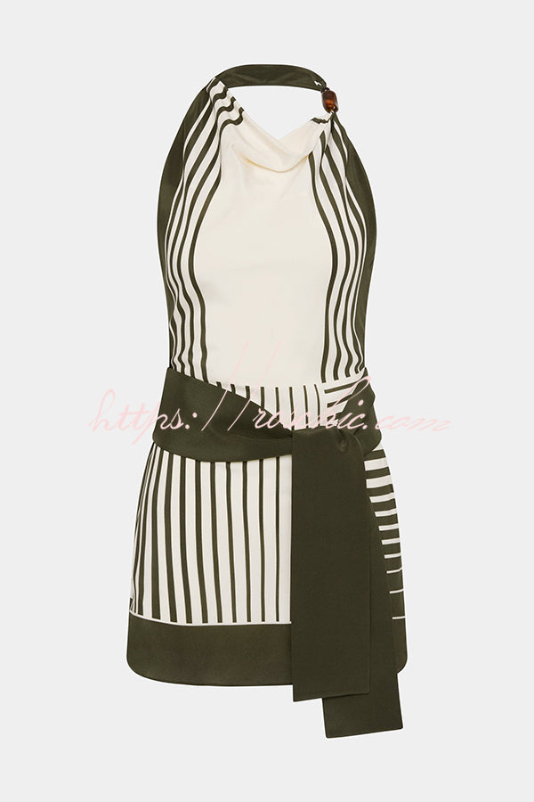 Summer Event Striped Beads Cowl Neck Backless Tie-up Mini Dress