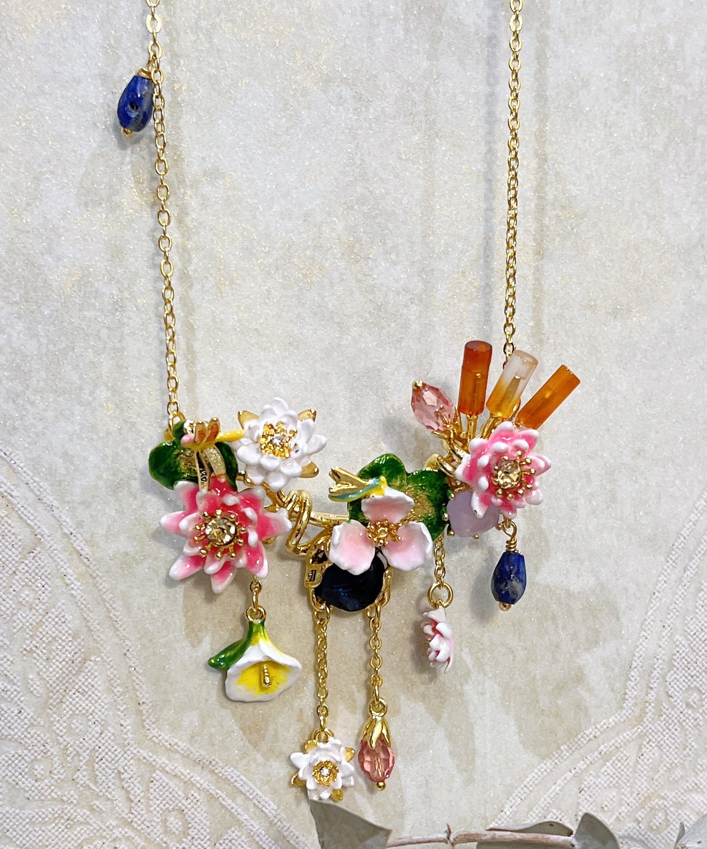 Gold Sterling Silver Overgild Dragonfly Gem Stone Lotus Leaf Pendant Necklace