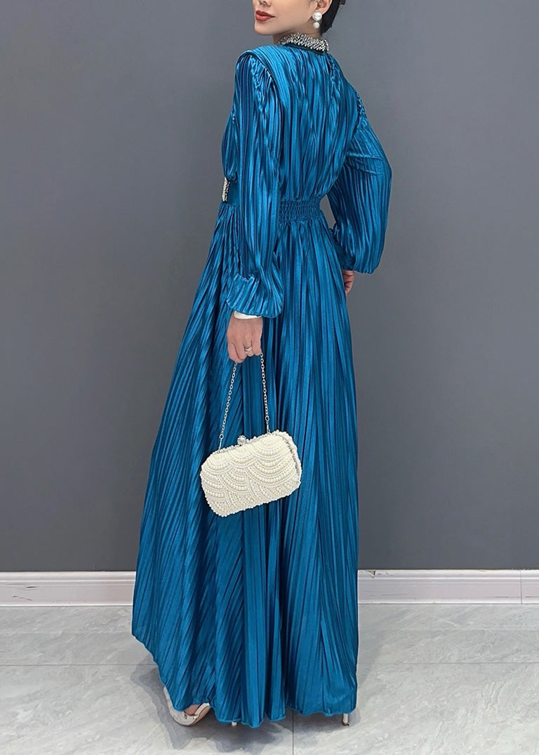 Blue V Neck Wrinkled Maxi Dress Long Sleeve Ao1037