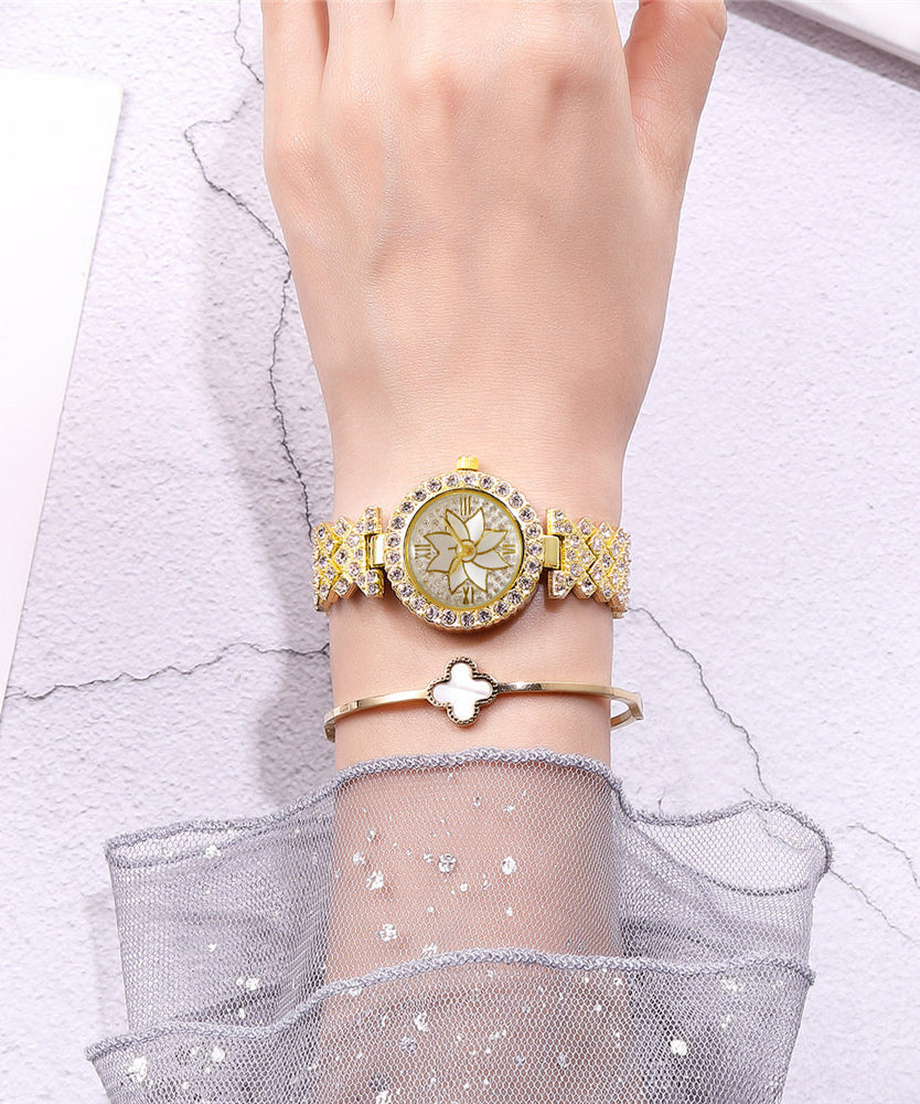 Style Rose Gold Stainless Steel Zircon Starry Sky Watch and Bracelet Two Piece Set