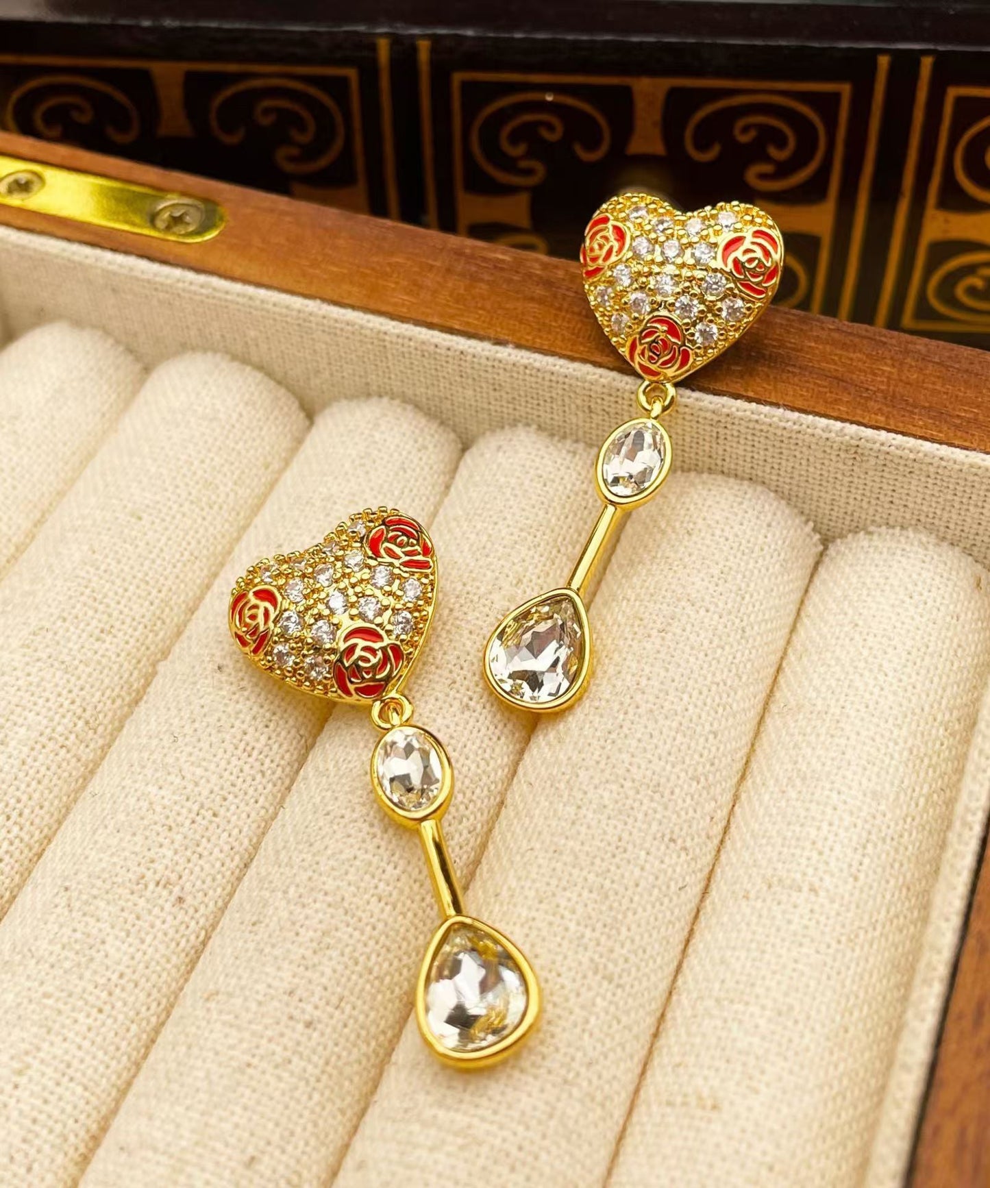 Boutique Gold Copper Overgild Zircon Drop Glaze Love Glass Tassel Drop Earrings