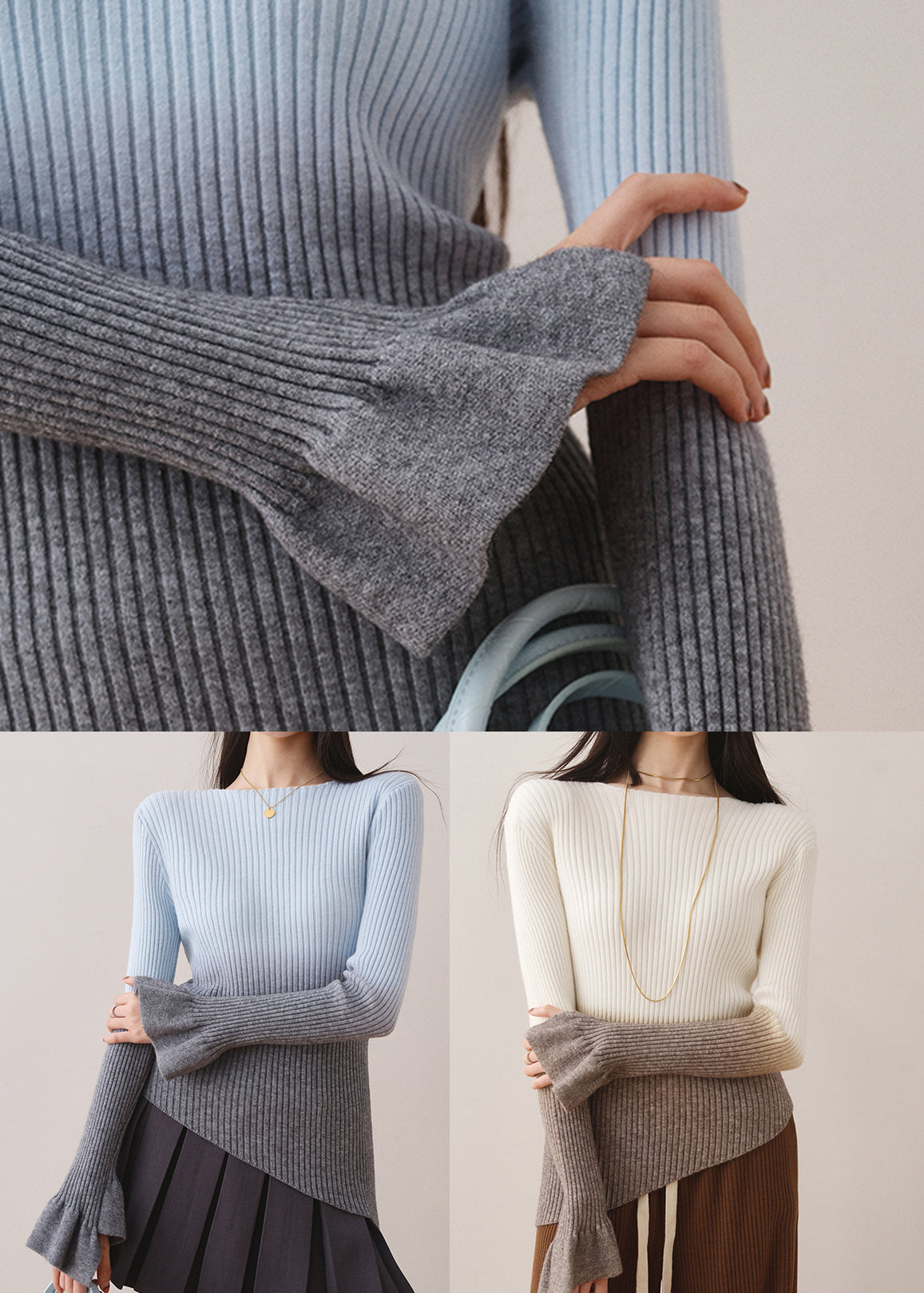Blue Gradient Knit Sweaters Slash Neck Asymmetrical Fall We005