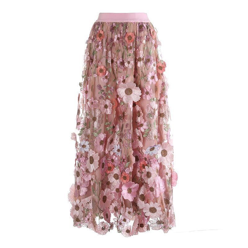 Vacation Elastic Waist Pink Embroidery Patch Tulle Skirt