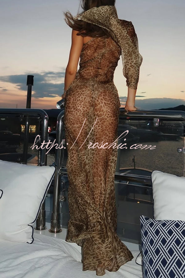 Leopard Print One Sleeve See-through Fit Maxi Dress