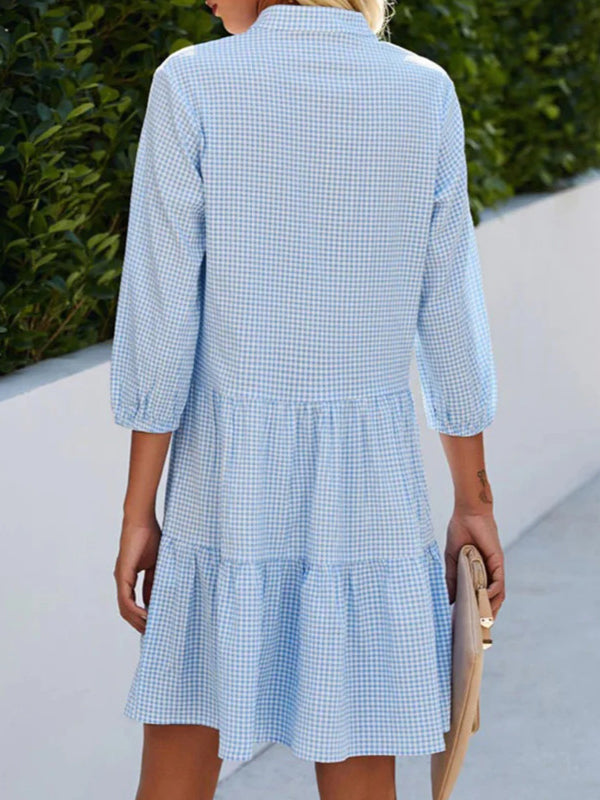 A-line Loose Buttoned Plaid Split-joint Stand Collar Mini Dresses Shirt Dress