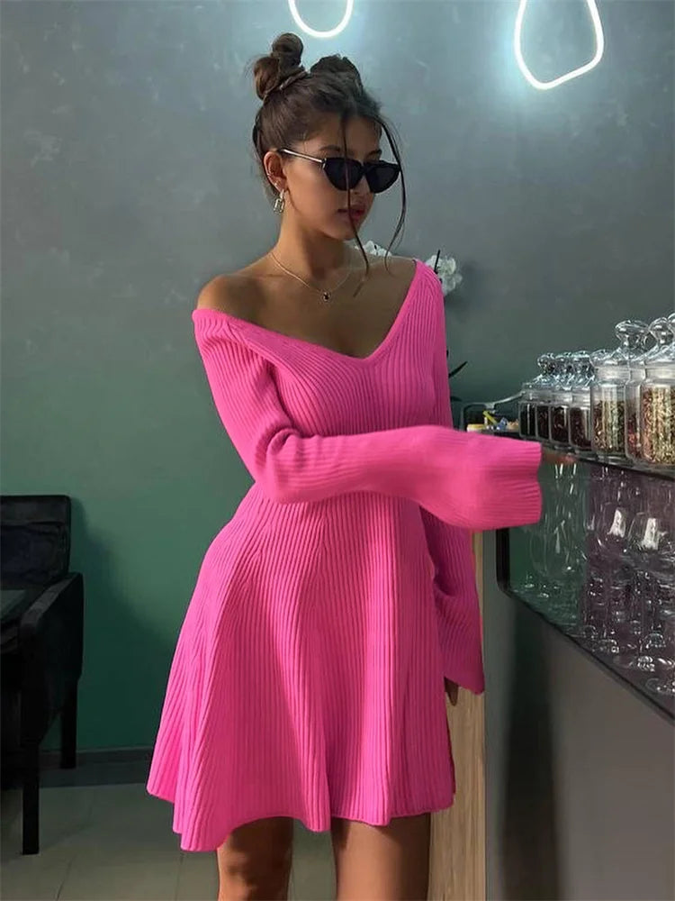 Knit Off-shoulder V-neck Mini Dress for Ribbed Loose High Waist Long Sleeve Knitwear Dress ’s Mini Dress