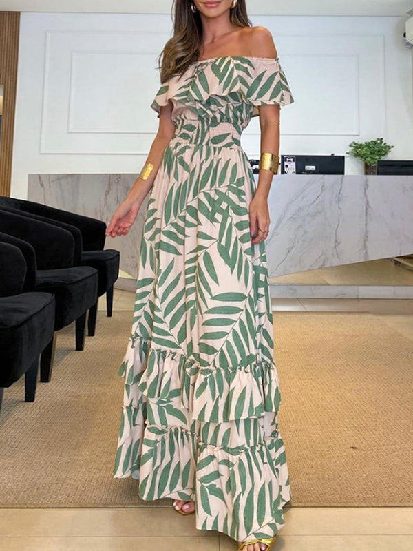 Loose Short Sleeves Elasticity Falbala Leaf Printed Off-the-shoulder Maxi Dresses
