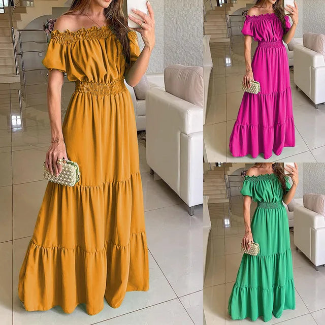 Summer Vestidos Red Short Sleeve Club Party Evening Long Dress Slim Color Robe Ruffles Elastic Waist Slash Neck