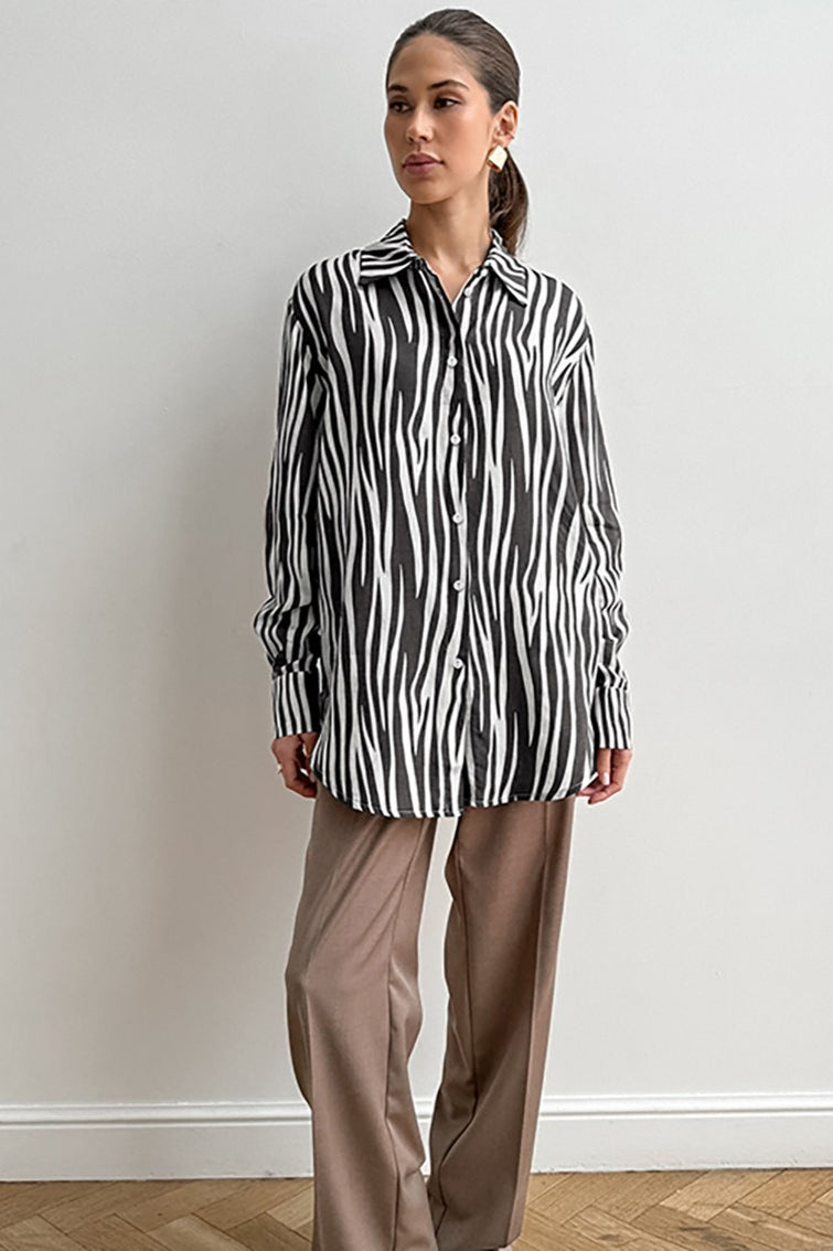 Printed Long Sleeve Loose Fit Blouse