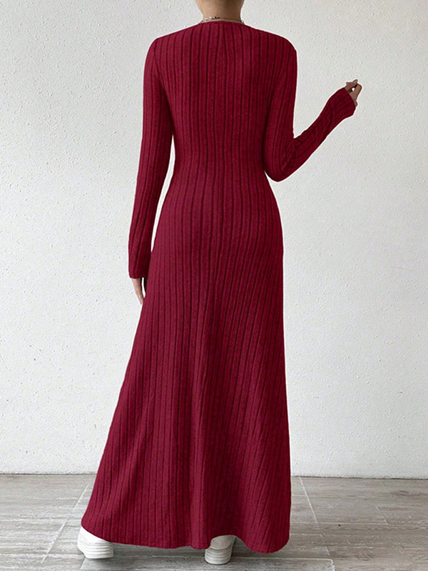 Long Sleeves Skinny Color V-neck Maxi Dresses Sweater Dresses