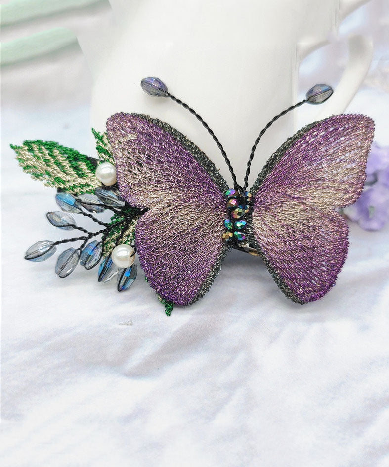Purple Crystal Pearl Butterfly Embroidery Duckbilled Hairpin