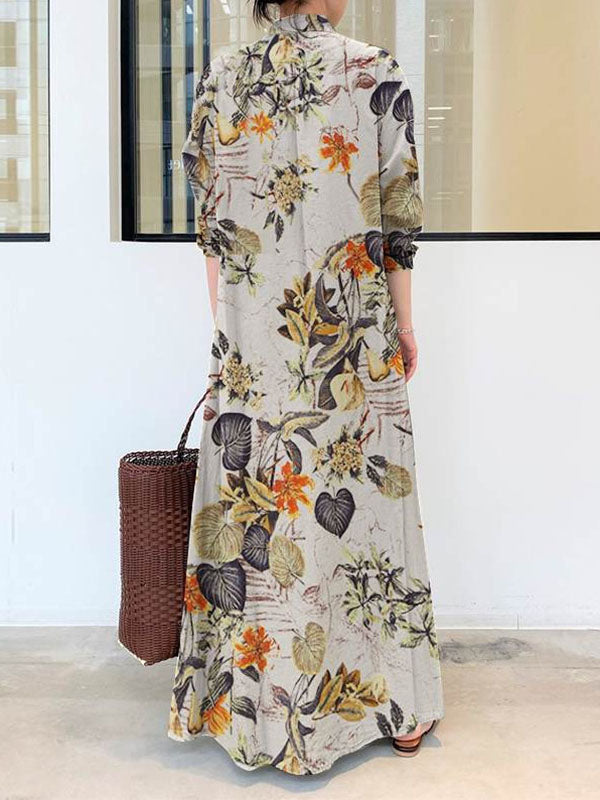Loose Printed Split-joint Lapel Maxi Dresses Shirt Dress