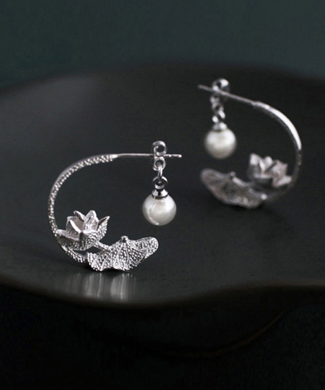 Silk Sterling Silver Pearl Lotus Hoop Earrings