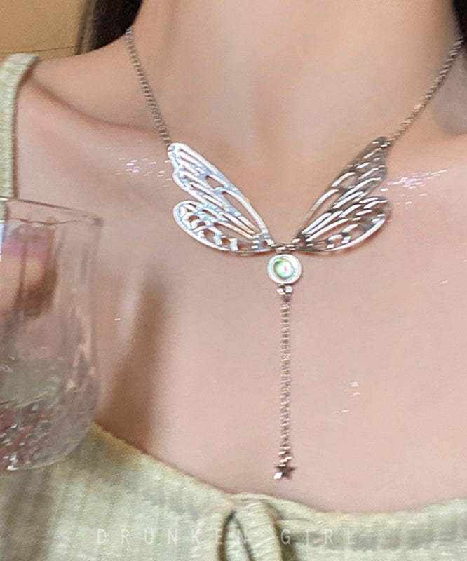 Silk Alloy Gem Stone Butterfly Wing Tassel Pendant Necklace