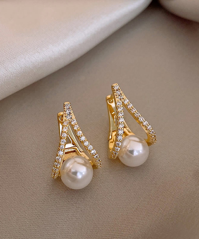 Gold Sterling Silver Alloy Pearl Zircon Stud Earrings