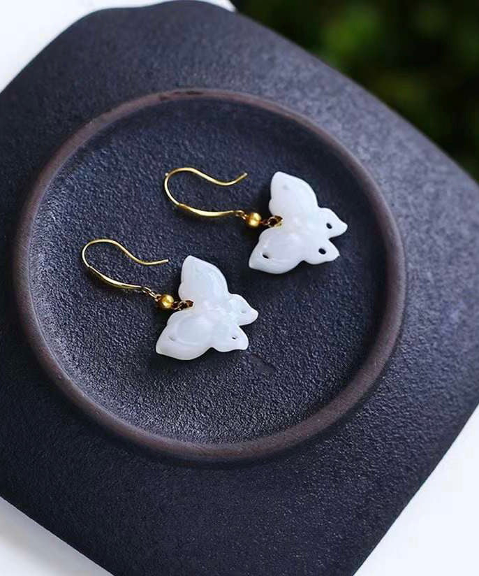 White Sterling Silver Overgild Jade Butterfly Drop Earrings