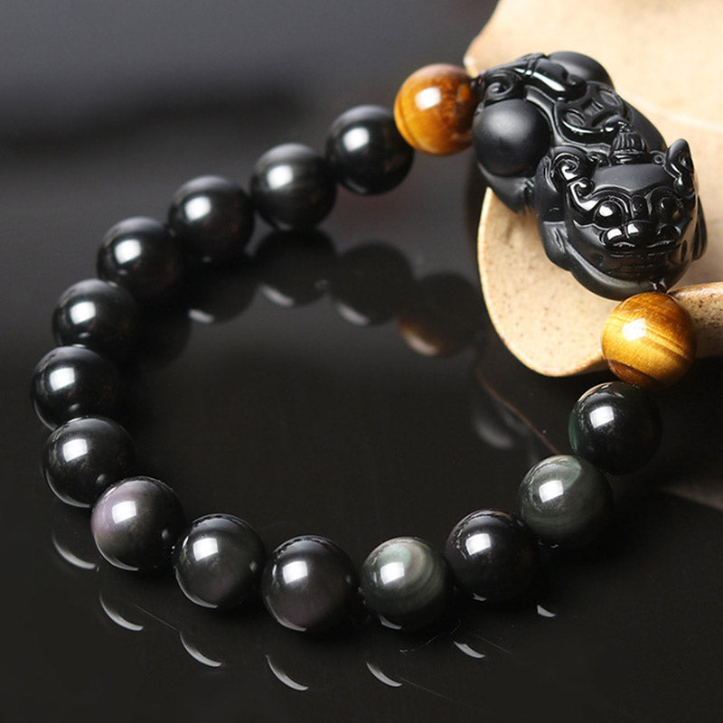 Buddha Stones Fengshui Pixiu Rainbow Obsidian Tiger Eye Wealth Bracelet
