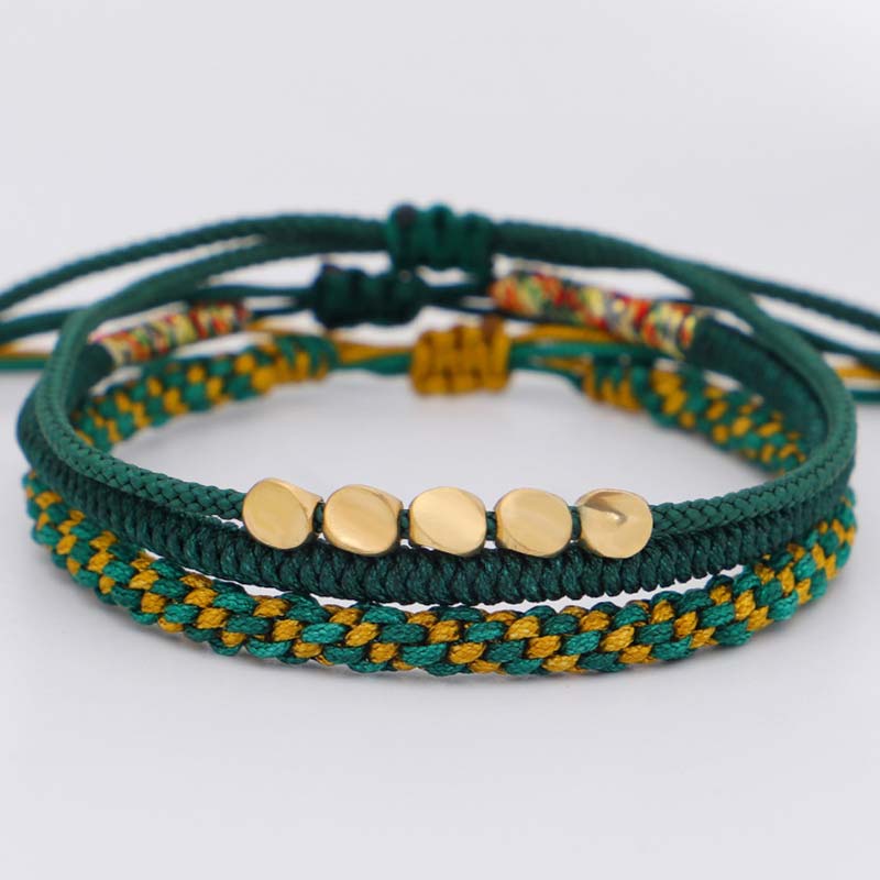 Buddha Stones 3 Pcs Tibetan Copper Beads Healing Protection Luck Bracelet Set