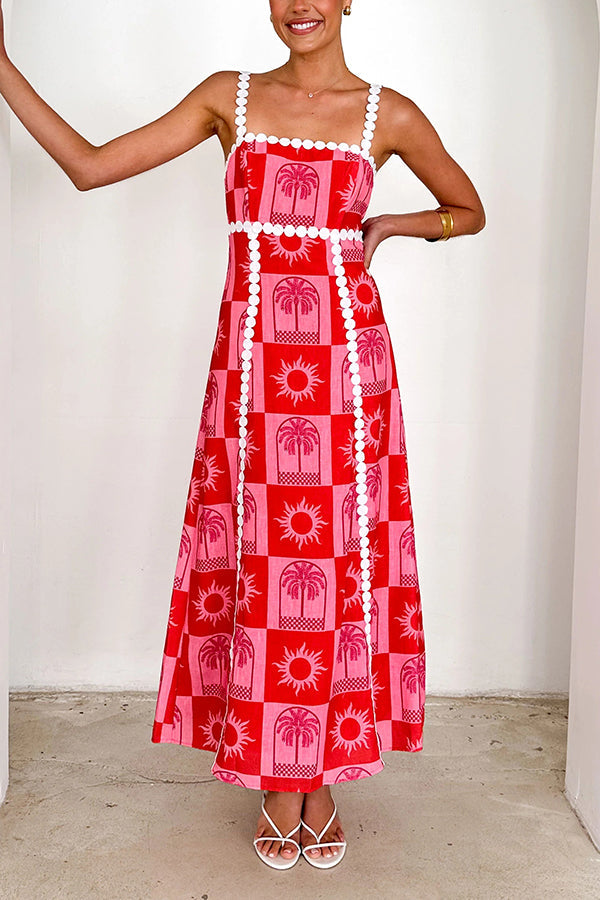 Holiday Style Unique Print Sling Open Back Lace Up Maxi Dress