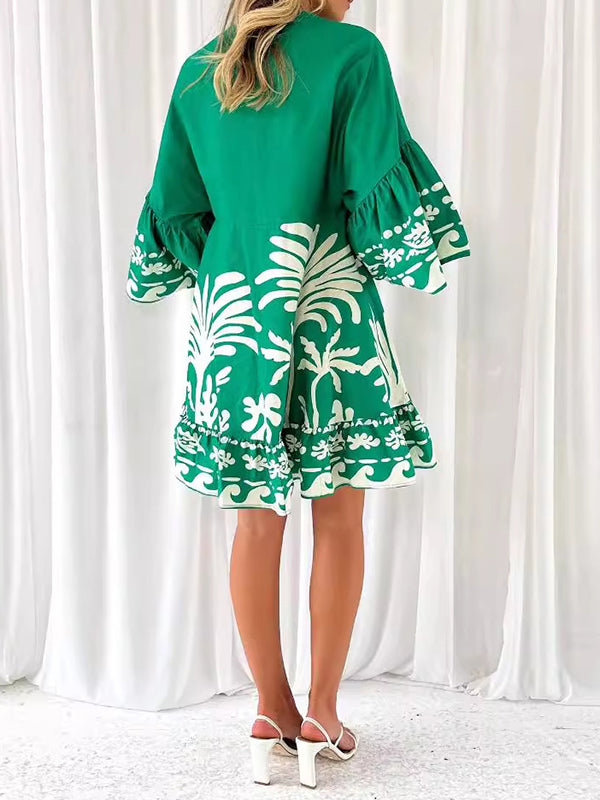 A-line Flared Sleeves Flower Print Pleated Split-joint V-neck Mini Dresses