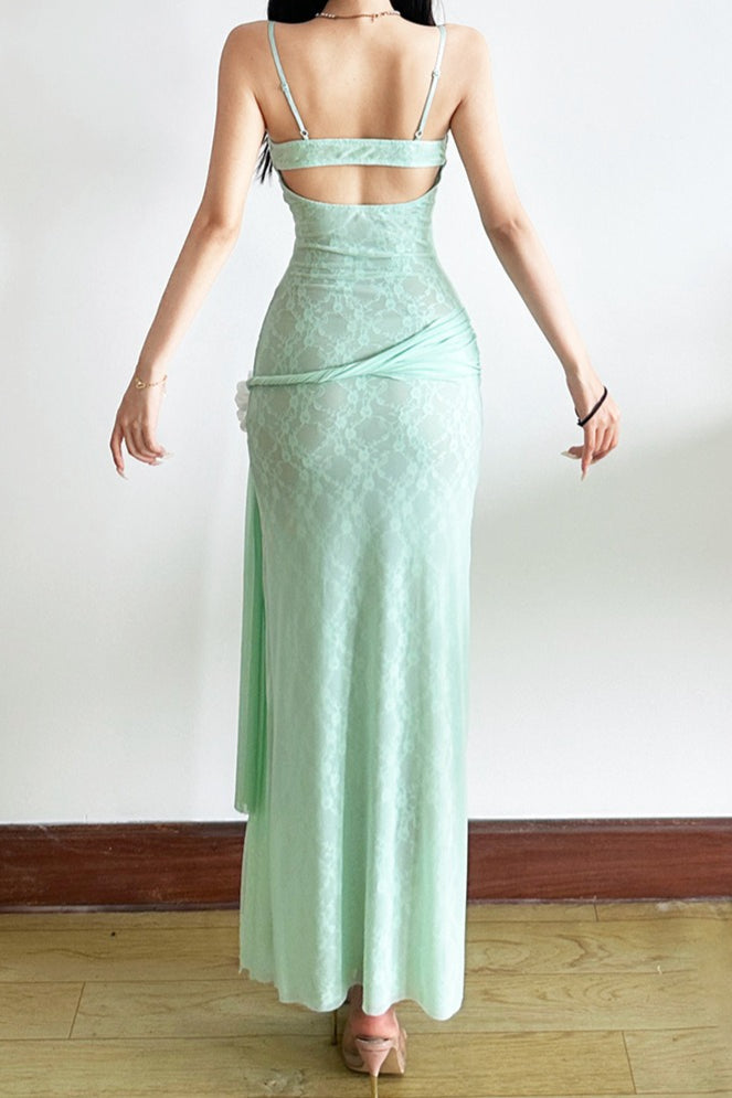 Lace Mesh 3d Waist Cinched Cami Maxi Dress