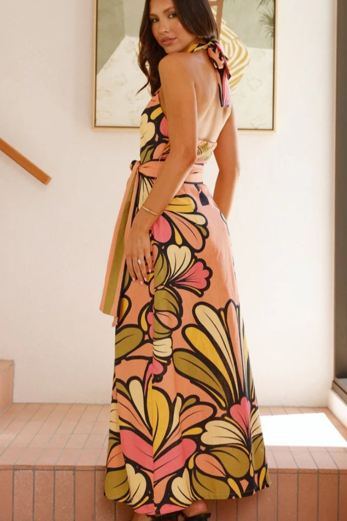 Print Halter Belted Waist Maxi Dress