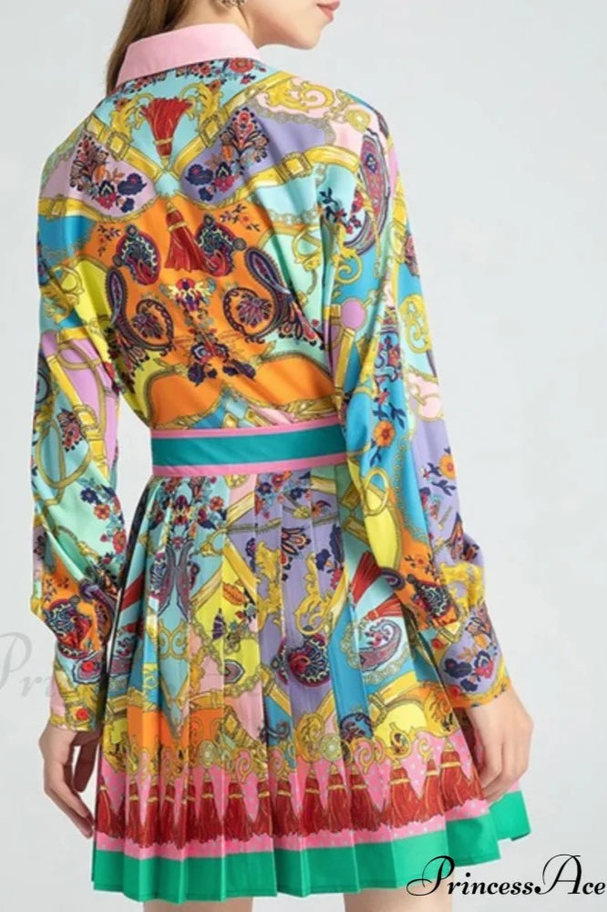 Print Blouse and Pleated Skirt Set