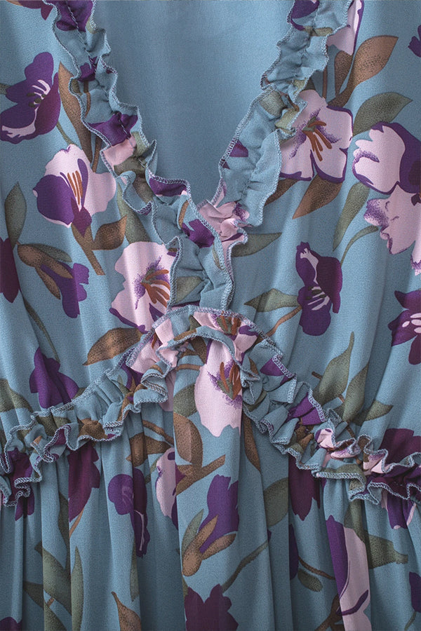 Light Blue Print Ruffle Trim Maxi Dress