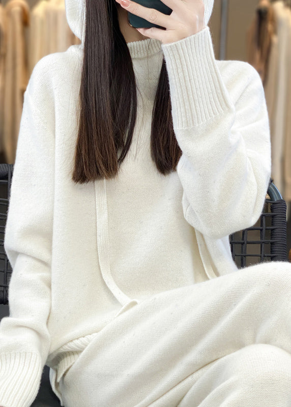 Stylish Purple Drawstring Hooded Cotton Knit Sweaters and Wide Leg Pants Two Piece Set Winter Wv015